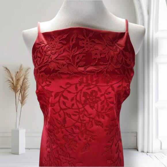 Vintage 90s Red Beaded Stretch Satin Formal Gown Square Neck Sz 10 - Picture 2 of 14